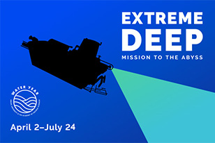 extreme deep - black submarine diving into blue ocean with turquoise light